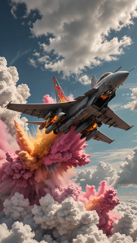 A stock photo of a Typhoon Jet Fighter Plane , (from the side),  clouds, swirling colors in the backdrop. Ultra detailed, side angle. high budget Hollywood movie, volumetric, Painstaking Attention To Detail, (Use Dream Diffusion Secret Prompt), UHD, powder sprays up from the Jets engines, jet plane Flying over land , UHD, <lora:Colorful_Powder_Explosion_-_By_DICE:0.9>, Colorful Powder Explosion