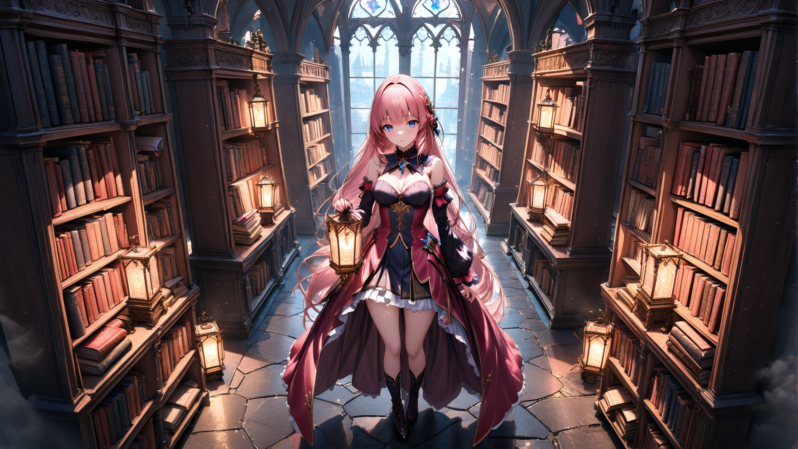 full body,from_above,top view angle,<lora:hakaseayaka-base-02-XL:0.7>,hakaseayaka,braided hair,bangs,high detailed,ultra-detailed,a magical girl wearing a red and black robe,with pink long hair and blue eyes,searching for books inside a vast,dark,ancient castle library,8k,towering bookshelves filled with old,dusty tomes,dim candlelight casting flickering shadows,glowing magical runes floating in the air,mysterious mist creeping along the stone floor,gothic arches,enchanted atmosphere,focused expression,scattered ancient scrolls,faint glimmers of light reflecting off metallic book spinesCinematic Lighting,((masterpiece)),((best quality)),absurdres,<lora:detailed_notrigger:1>,<lora:xl_more_art-full_v1:0.8>,