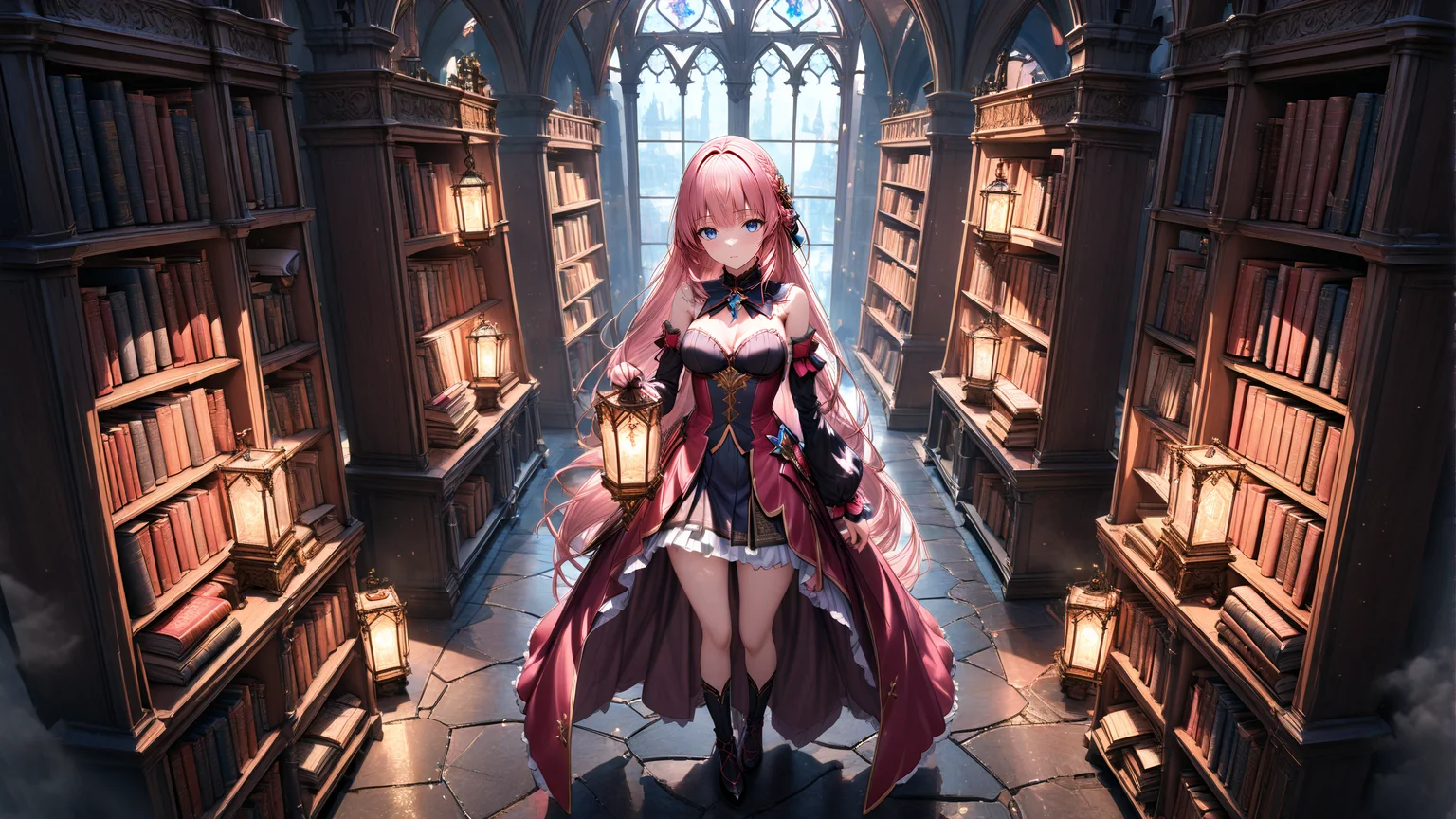 full body,from_above,top view angle,<lora:hakaseayaka-base-02-XL:0.7>,hakaseayaka,braided hair,bangs,high detailed,ultra-detailed,a magical girl wearing a red and black robe,with pink long hair and blue eyes,searching for books inside a vast,dark,ancient castle library,8k,towering bookshelves filled with old,dusty tomes,dim candlelight casting flickering shadows,glowing magical runes floating in the air,mysterious mist creeping along the stone floor,gothic arches,enchanted atmosphere,focused expression,scattered ancient scrolls,faint glimmers of light reflecting off metallic book spinesCinematic Lighting,((masterpiece)),((best quality)),absurdres,<lora:detailed_notrigger:1>,<lora:xl_more_art-full_v1:0.8>,