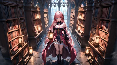 full body,from_above,top view angle,<lora:hakaseayaka-base-02-XL:0.7>,hakaseayaka,braided hair,bangs,high detailed,ultra-detailed,a magical girl wearing a red and black robe,with pink long hair and blue eyes,searching for books inside a vast,dark,ancient castle library,8k,towering bookshelves filled with old,dusty tomes,dim candlelight casting flickering shadows,glowing magical runes floating in the air,mysterious mist creeping along the stone floor,gothic arches,enchanted atmosphere,focused expression,scattered ancient scrolls,faint glimmers of light reflecting off metallic book spinesCinematic Lighting,((masterpiece)),((best quality)),absurdres,<lora:detailed_notrigger:1>,<lora:xl_more_art-full_v1:0.8>,