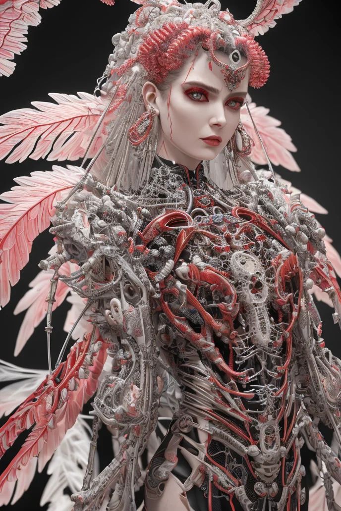 complex 3d render ultra detailed beautiful death angel, biomechanical cyborg, analog 150 mm lens, beautiful natural soft rim light, crystal feathers, roots, fine foliage lace, colorful details, Boris Bidjan Saberi outfit, pearl earrings, piercing, art nouveau fashion embroidered, intricate details, mesh wire, mandelbrot fractal, facial muscles, cable wires, microchip, badass, hyper realistic, ultra detailed, octane render, volumetric lighting, 8k post-production, red and white with a bit of black, detailled metalic bones, semi human, iridescent colors, Glenn Brown style, futuristic room, power of the god, high-angle shot, complex body poses