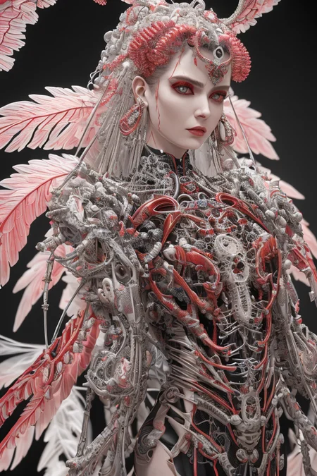 complex 3d render ultra detailed beautiful death angel, biomechanical cyborg, analog 150 mm lens, beautiful natural soft rim light, crystal feathers, roots, fine foliage lace, colorful details, Boris Bidjan Saberi outfit, pearl earrings, piercing, art nouveau fashion embroidered, intricate details, mesh wire, mandelbrot fractal, facial muscles, cable wires, microchip, badass, hyper realistic, ultra detailed, octane render, volumetric lighting, 8k post-production, red and white with a bit of black, detailled metalic bones, semi human, iridescent colors, Glenn Brown style, futuristic room, power of the god, high-angle shot, complex body poses