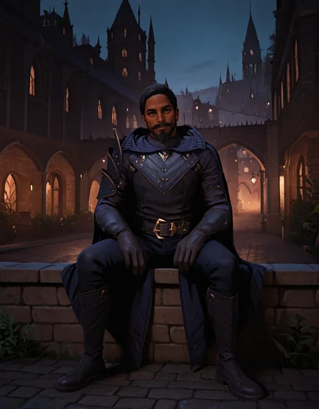 cinematic_depth, 8k, soft_lighting, warm_glow, ultra_high_quality, masterpiece, best quality, newest, perfect quality, best quality, detailed background, intricate details, male focus, solo, realistic, <lora:Dragon Age Veilguard - Viago de Riva - Illustrious 2_1-000006:0.7>, dav_viago, 1boy, black hair, short hair, dark skin, beard, mustache, blue eyes, leather armor, hooded cloak, single pauldron, leather belt, leather gloves, leather pants, leather boots, outdoors, night, city, buildings, bridge, stone walkway, plants, trees, looking at viewer, sitting on wall, looking at viewer, head tilt