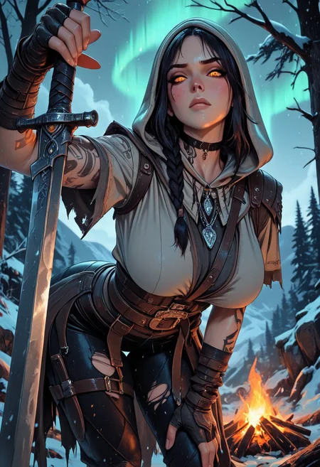highres, very detailed, amazing quality, masterpiece,
very aesthetic,
particle effect,
1girl, beautiful eyes, looking at viewer, tough girl, slight muscle tone, tan skin, strong face, solo, toned arms, Covered in Tattoos, tattoo, neck tattoos, orange eyes, necklace, assassins robes, tight pants, ripped pants, holes ripped in pants, hooded, dark braided viking hair, large breasts, thick ass, large ass, choker, fingerless gloves, blade, sword, bent over, bending over, small camp, campfire, 
Viking theme, Nordic theme, assassins creed theme, 
Looking down at viewer, Looking down, holding out a sword towards viewer, foreshortening, pointing her sword at the viewer,
seducing, seductive, flirty, tender, loving, playful, cocky, annoyed, confused, 
on a mountain, snowing, Cloudy Sky, at night, nighttime, aurora in the sky,
From below:1.1, view from below:1.1
Bent over the viewer,
