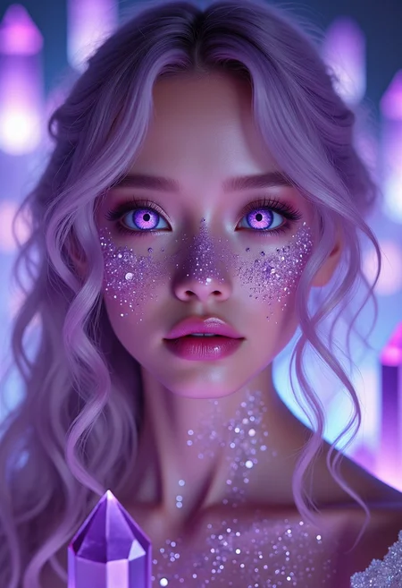 A hyper-realistic portrait of a woman with mesmerizing amethyst eyes that shimmer like crystalline gemstones, reflecting a radiant inner light. Her skin is smooth and luminous, with delicate lavender undertones, and her hair flows in cascading waves with strands resembling translucent sparkling amethyst crystals. The background features glowing, ethereal crystal formations in deep violet hues, softly lit by ambient light, creating a magical, dreamlike atmosphere. Cinematic close-up with an intense focus on the interplay of light and texture.