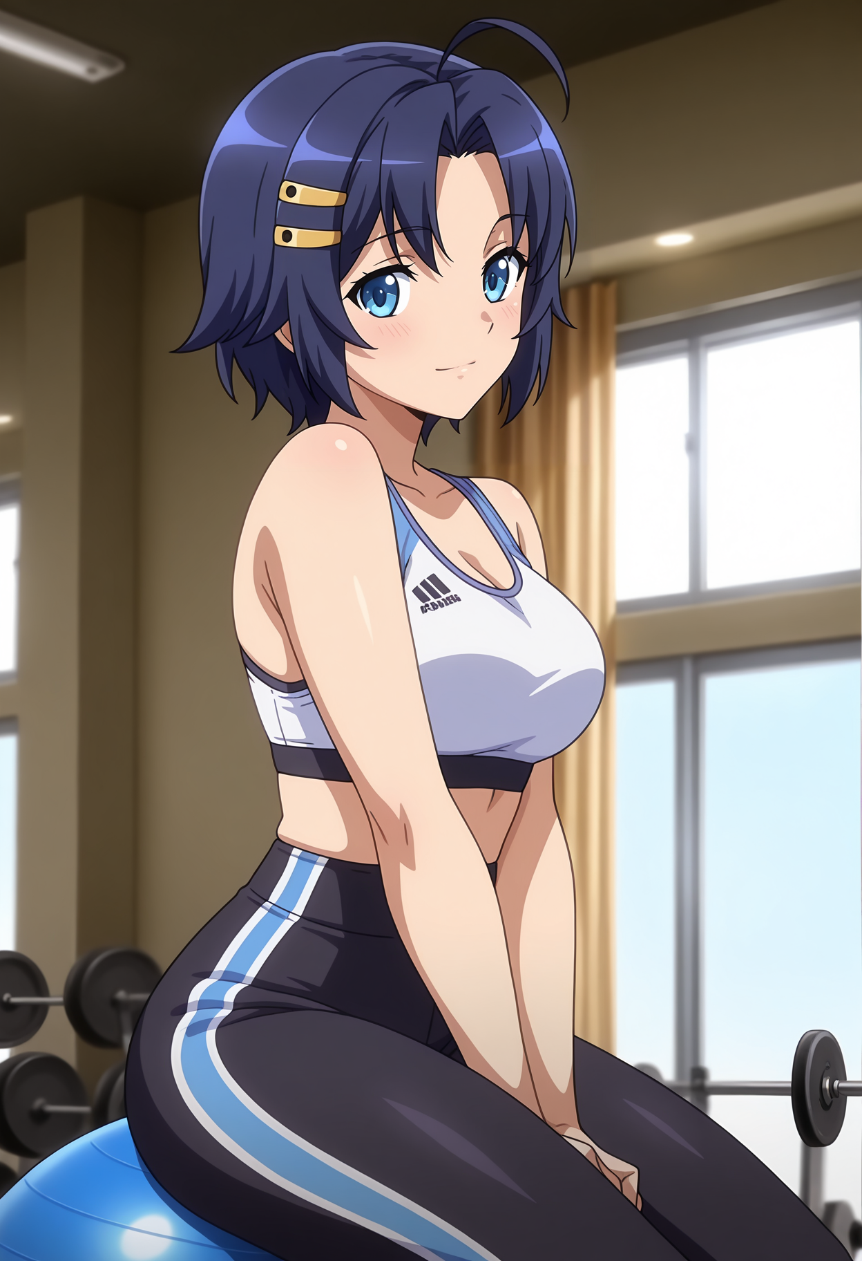 anime screencap, masterpiece, best quality,
<lora:RyouSeibai_MukuchiKuu_IlluXL:0.9>,
1girl, solo, closed mouth, light smile, blush,
parted bangs, ahoge, short hair, blue hair, blue eyes, hairclip,
sportswear, white sports bra, medium breasts, high-waist pants, black leggings,
sitting on object, exercise ball, own hands together, between legs, looking at viewer,
gym, photo background, blurry background