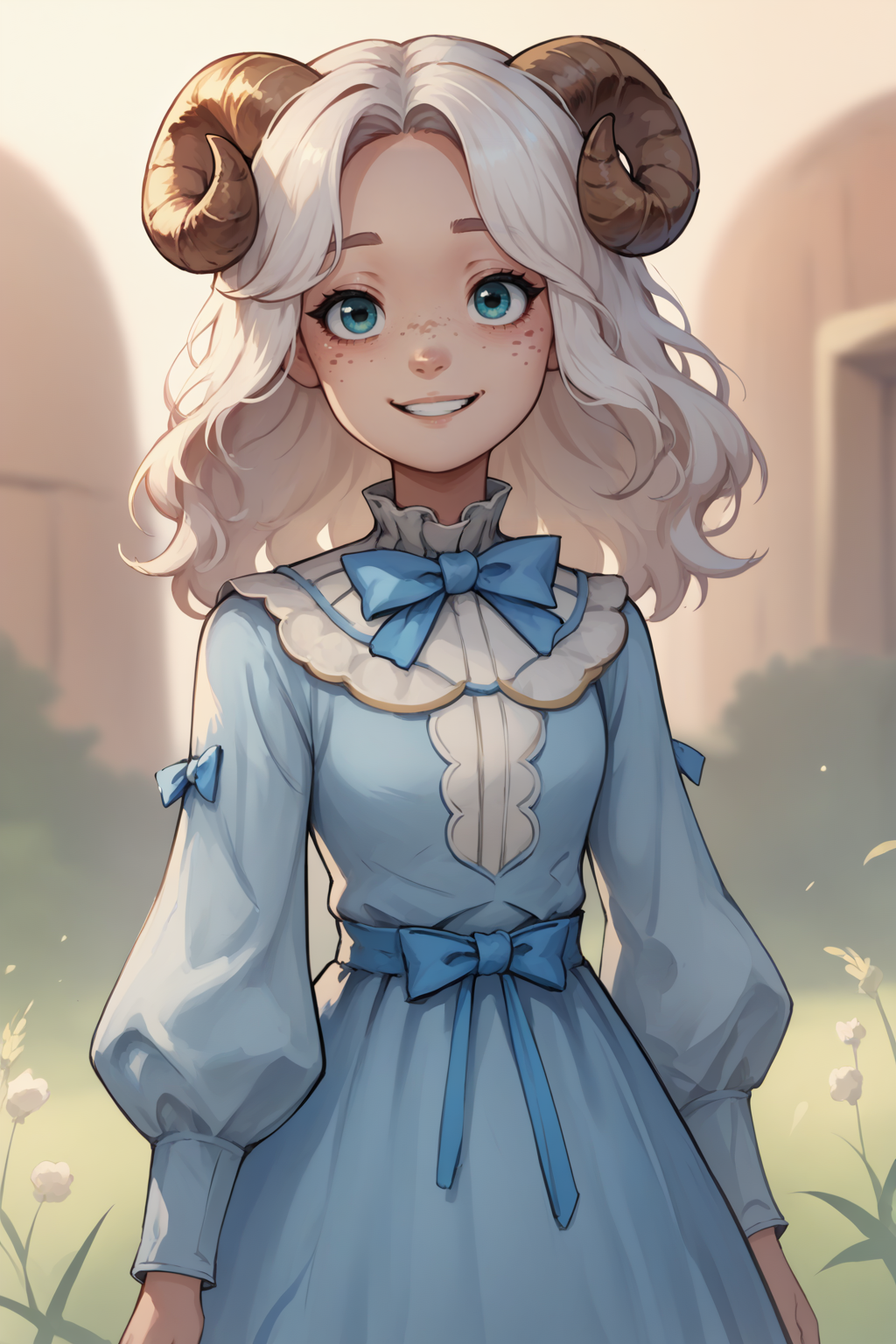 score_9, score_8_up, 1girl, expressionless,  <lora:NSGingerPortia:1> NSGingerPortia, freckles, white hair, light blue dress, blue ribbon, long sleeves, puffy sleeves, high collar, sheep horns, happy, smile, puffy sleeves, short sleeves, bowtie