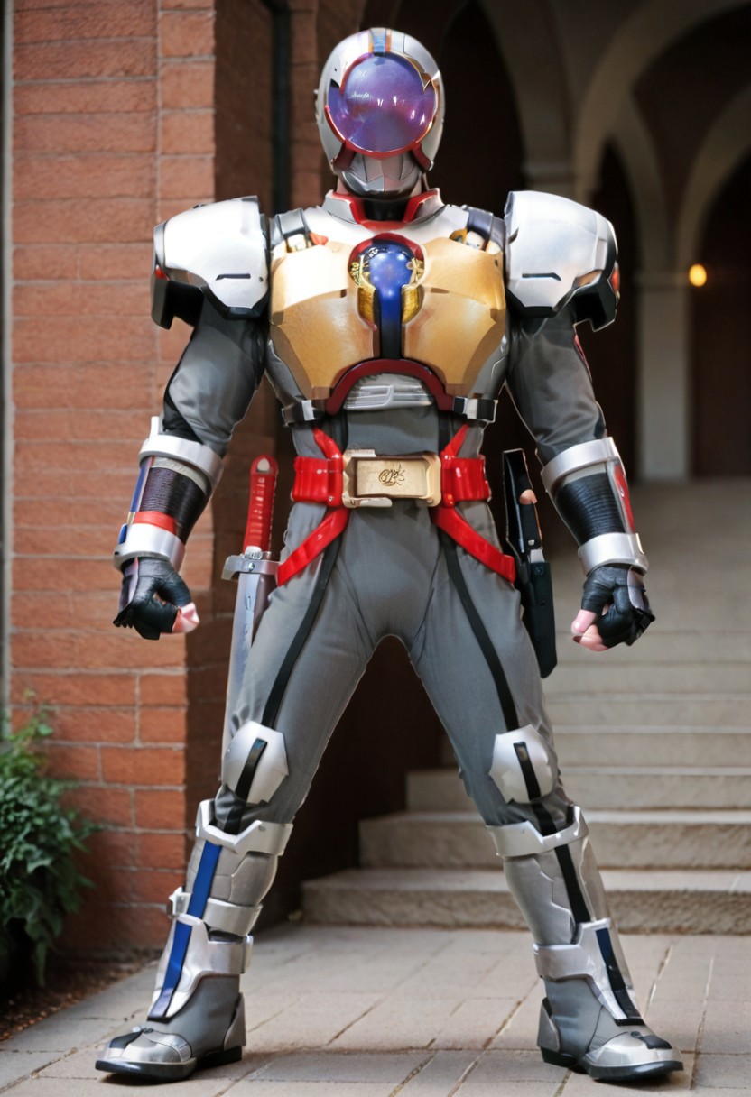 score_9, score_8, score_7, solo, armor, tokusatsu, bodysuit, helmet, rider belt, blue eyes, yellow eyes, red trim, purple eyes, black footwear, straight-on, arms at sides, blue trim, boots, sword, black trim, clenched hand, silver armor, bronze armor, silver eyes, looking at viewer, fingerless gloves, grey footwear