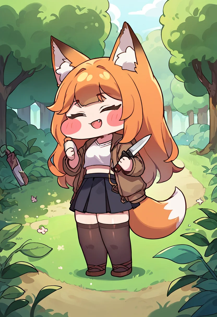 score_9,score_8_up,score_7_up,source_anime,zPDXL3,
*//*,<lora:Trickal_Revive-Pony:1>,1girl, animal ears, blush stickers, skirt, chibi, tail, thighhighs, solo, fang, weapon, closed eyes, open mouth, long hair, smile, orange hair, black skirt, fox ears, holding, fox girl, animal ear fluff, jacket, leaf, knife, = =, full body, fox tail, outdoors, nature, white shirt, midriff