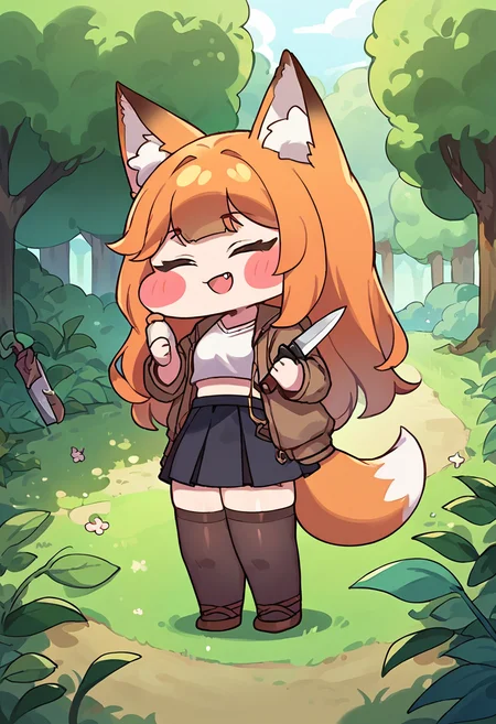 score_9,score_8_up,score_7_up,source_anime,zPDXL3,
*//*,<lora:Trickal_Revive-Pony:1>,1girl, animal ears, blush stickers, skirt, chibi, tail, thighhighs, solo, fang, weapon, closed eyes, open mouth, long hair, smile, orange hair, black skirt, fox ears, holding, fox girl, animal ear fluff, jacket, leaf, knife, = =, full body, fox tail, outdoors, nature, white shirt, midriff