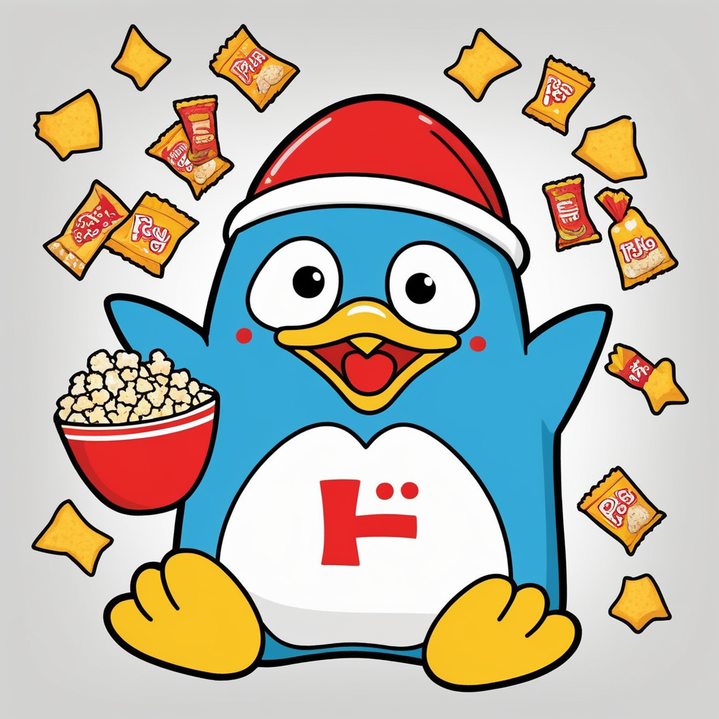 A cartoon-style penguin that exudes happiness and joy. The penguin should have a big, cheerful smile on its face and its eyes should sparkle with delight. On its belly, there should be a clearly visible letter 'D.' The penguin is in the midst of a snack feast, surrounded by various types of snacks like chips, popcorn, and candy. The penguin could be holding a snack in one flipper and perhaps reaching for another with the other flipper. The setting can be casual, perhaps in a cozy room or even outdoors at a picnic. The color scheme should be vibrant to match the penguin's joyful demeanor,<lora:donpen:0.55>