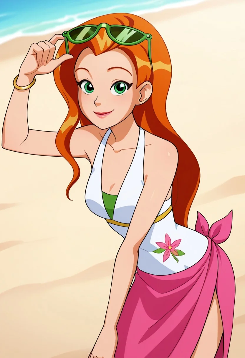 masterpiece, best quality, good quality, 1girl, solo, cartoon, totally_spies_2k24, sam, orange hair, long hair, green eyes, green sunglasses, white swimsuit, fl0w3r print, bracelet, pink sarong, sexy, medium breasts, beautiful, detailed, high detailed, very beautiful, detailed face, detailed eyes, detailed hand, fingernails, outside, beach, smile, posing, pose, looking at viewer, face focus