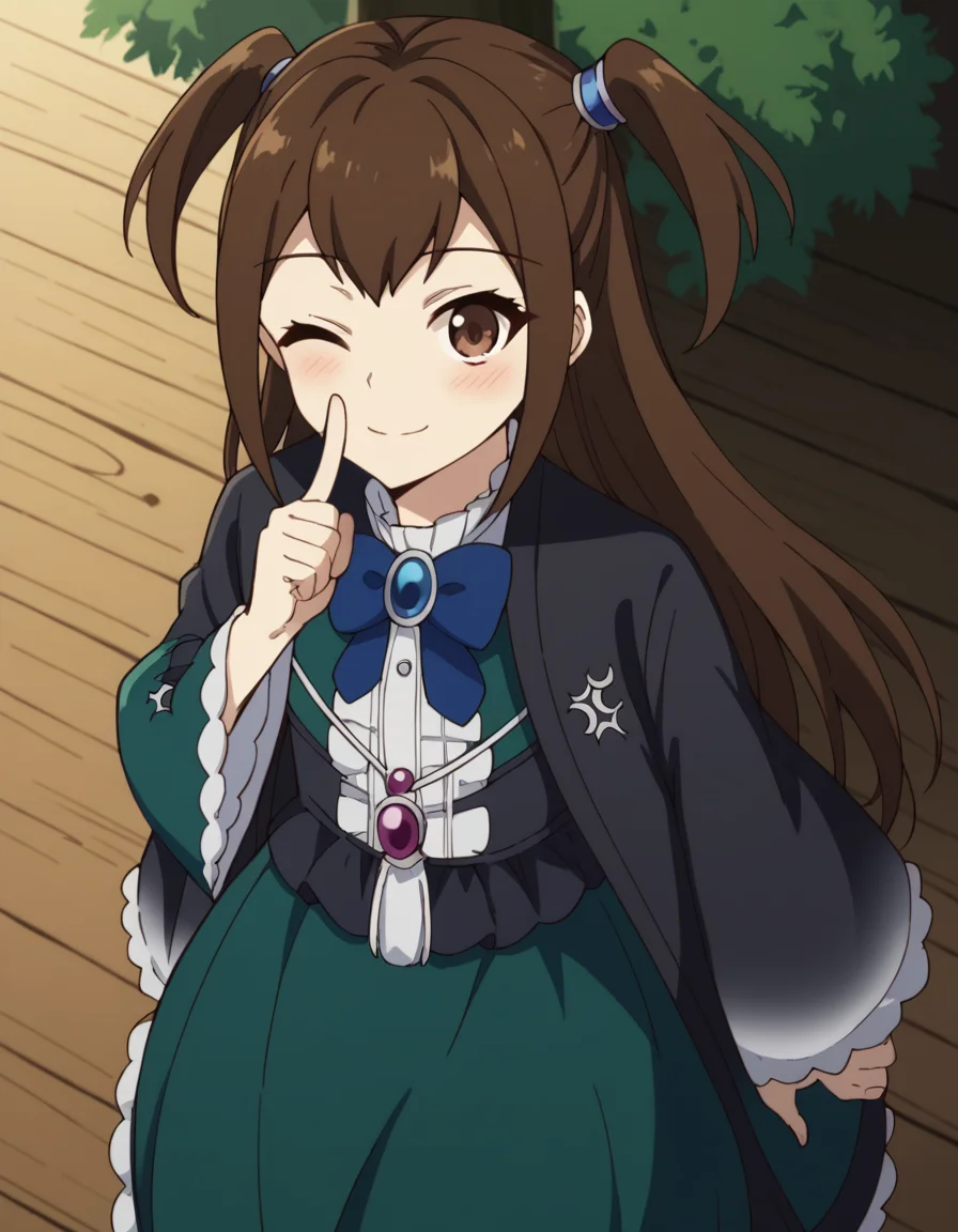 score_9, score_8_up, score_7_up, source_anime, <lora:kizuna-kazayama-s2-ponyxl-lora-nochekaiser:1>, kizuna kazayama, long hair, brown hair, brown eyes, two side up,, long sleeves, dress, bow, frills, wide sleeves, bowtie, cape, blue bow, brooch, green dress, black cape,, treehouse, tree, wood, nature, height, smile, <lora:shushing-ponyxl-lora-nochekaiser:1>, shushing, finger to mouth, index finger raised, from above, library, smile, blush, one eye closed, dutch angle,, looking at viewer, solo,, dutch angle, cowboy shot