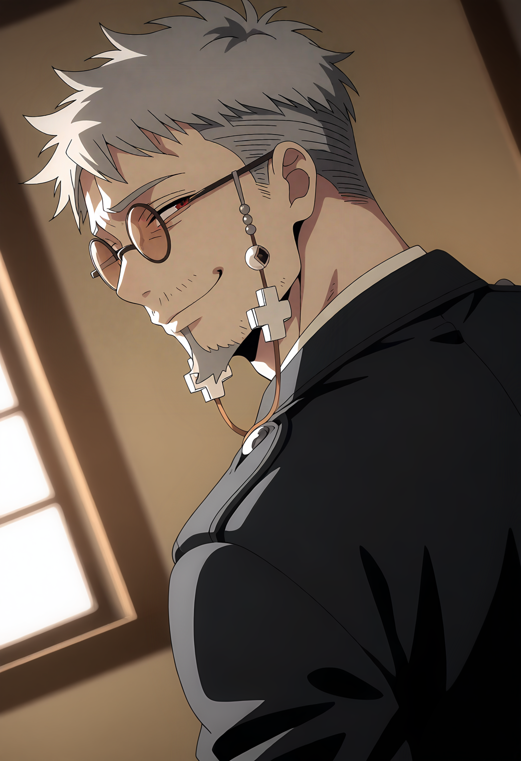 <lora:Fujimoto_Shiro_Blue_Exorcist__Ao_No_Exorcist__éã®ç¥é­å¸«_v2_NAI:1>,
anime screenshot,
fsh1r0,grey hair,red eyes,1boy,male focus,solo,round eyewear,glasses,fsh1r0_eyewear_strap,mature male,(old man:0.6),goatee,stubble,mustache stubble,from behind,looking back,smile,bloom,high contrast,visual effects,upper body,dutch angle,depth of field,masterpiece,best quality,amazing quality,absurdres,highres