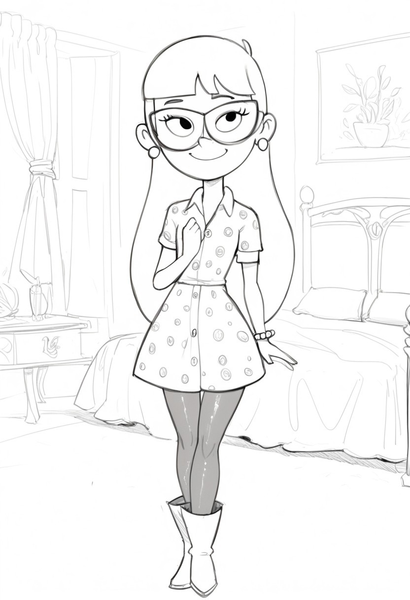 score_9, score_8_up, score_7_up, BREAK flufsk, monochrome, grayscale, VicSol, 1girl, long hair, blunt bangs, black eyes, glasses, pearl earrings, right arm bracelet, short-sleeved buttoned dress, tights, long boots, full body, solo, solo focus, alone, smiling, cartoon, source_cartoon, bedroom indoors, bedroom background,