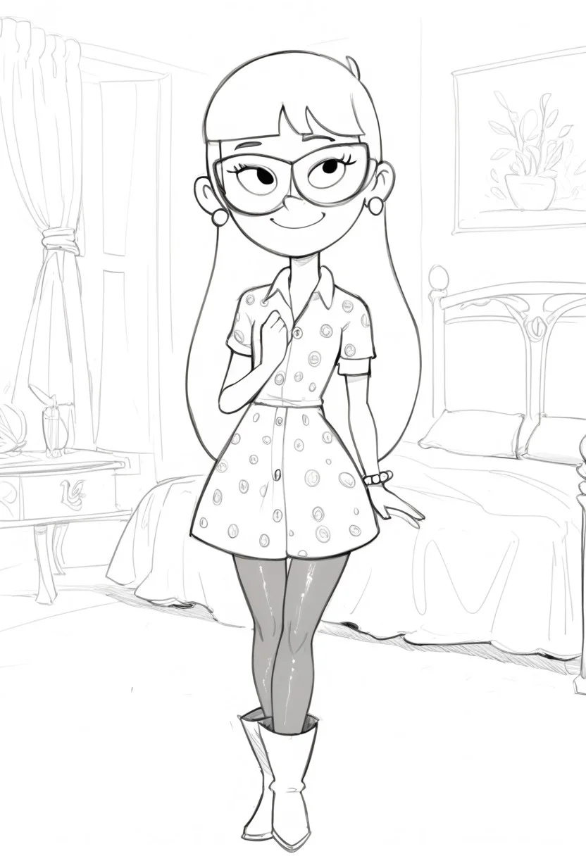 score_9, score_8_up, score_7_up, BREAK flufsk, monochrome, grayscale, VicSol, 1girl, long hair, blunt bangs, black eyes, glasses, pearl earrings, right arm bracelet, short-sleeved buttoned dress, tights, long boots, full body, solo, solo focus, alone, smiling, cartoon, source_cartoon, bedroom indoors, bedroom background,