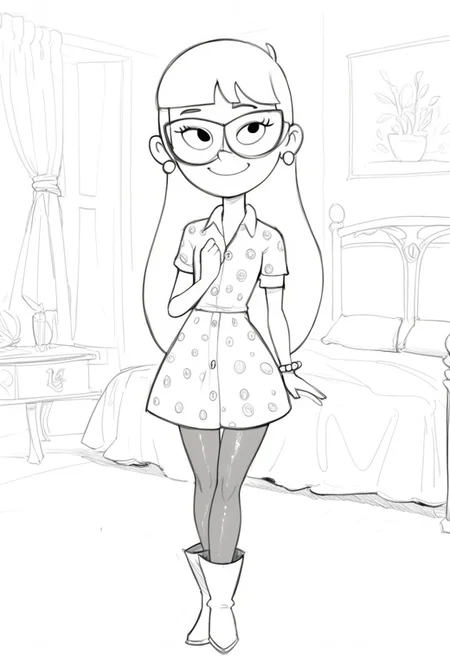 score_9, score_8_up, score_7_up, BREAK flufsk, monochrome, grayscale, VicSol, 1girl, long hair, blunt bangs, black eyes, glasses, pearl earrings, right arm bracelet, short-sleeved buttoned dress, tights, long boots, full body, solo, solo focus, alone, smiling, cartoon, source_cartoon, bedroom indoors, bedroom background,