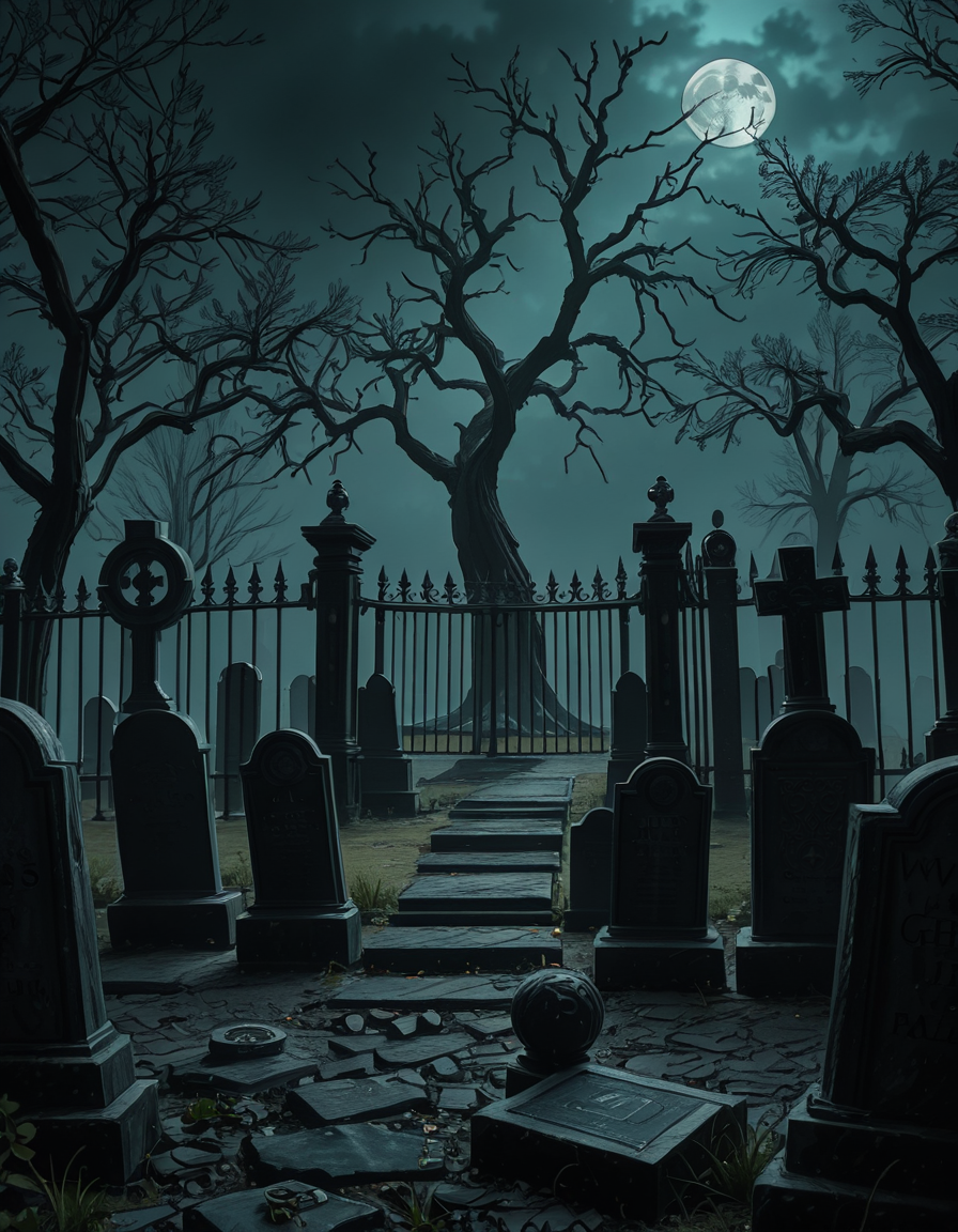 A dark and eerie cemetery shrouded in mist, with ancient, weathered tombstones covered in moss. The scene is dimly lit by a pale, ghostly moonlight filtering through twisted, leafless trees. Cracked stone pathways lead through the graveyard, partially hidden by overgrown grass and creeping ivy. A few old, gothic-style mausoleums stand in the background, their iron gates slightly ajar, adding to the mysterious and haunting atmosphere. Wisps of fog swirl around the gravestones, enhancing the eerie mood. The overall color palette consists of deep blues, grays, and muted greens, creating a cold and unsettling ambiance. The image is highly detailed and photorealistic, capturing the textures of the aged stone, the fogâs movement, and the ominous shadows stretching across the ground. 
<lora:SDXLFaeTastic2400:0.4> <lora:extremely_detailed:0.4> extremely detailed,<lora:33r13_c3m3t3ry-ill:1>,33r13 c3m3t3ry, Masterpiece,best quality,hi res,8k,hi res,8k,award winning,(sharp focus, intricate, highly detailed),