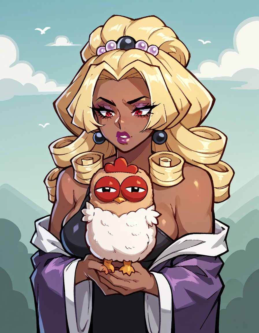 score_9, score_8_up, score_7_up, score_6_up, score_5_up, score_4_up, 1girl, solo, Preparing a tincture to cure all ailments, Alchemist with a pet dragon, Countess, Short, in shape, Diamond-Shaped Face, Dark Skin, Golden Blonde Hair, red Eyes, Wide Nose, Thin Lips, Receding Chin, Long Hair, Curly Hair, Afro, asymmetrical breasts, Stud earrings, lavender velvet lipstick,  hud_ch1cken_purs3, bird, holding animal, chicken, <lora:purse:0.7>, outdoors
