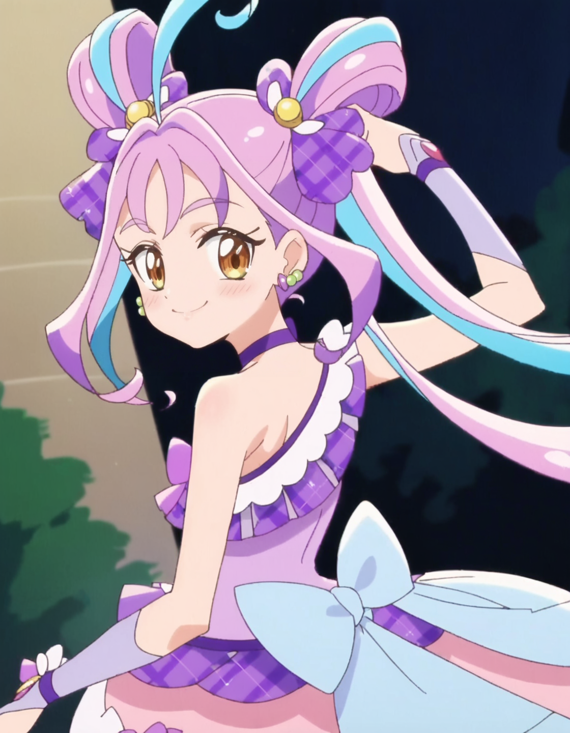score_9, score_8_up, score_7_up, anime screencap,solo,1girl,curekyunkyun, purple choker, jewelry, dress, looking at viewer, magical girl, earrings, choker,dress, bow, wrist cuffs, hair ornament,small breasts,smile,blush,
from behind<lora:curekyunkuyn_pony:0.8>