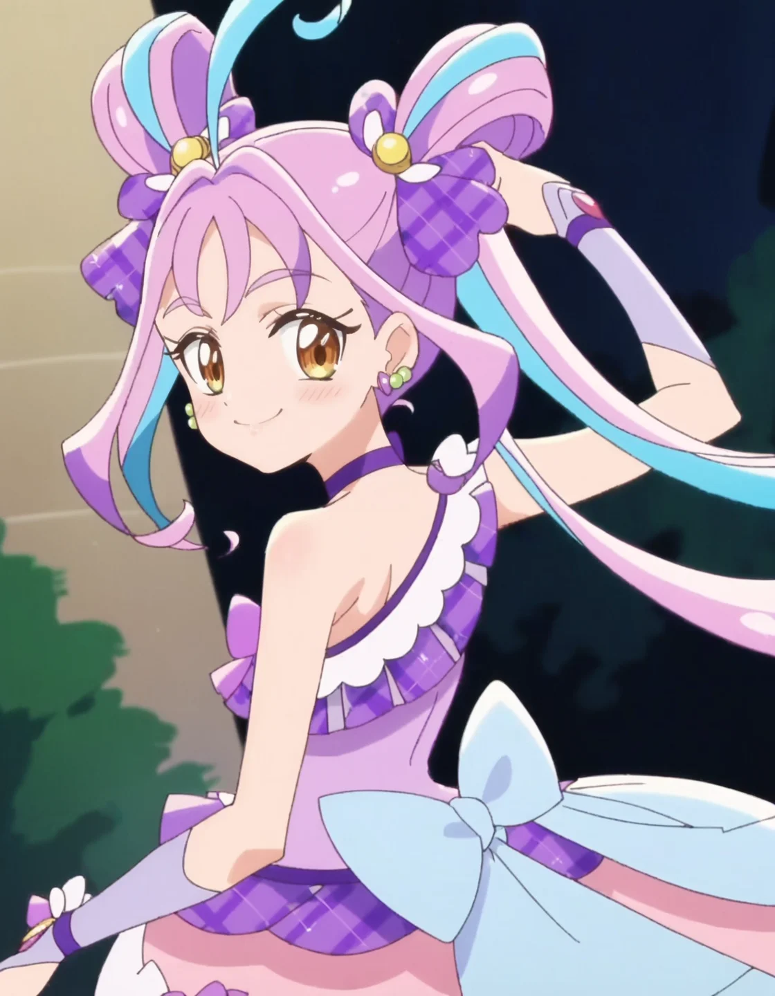 score_9, score_8_up, score_7_up, anime screencap,solo,1girl,curekyunkyun, purple choker, jewelry, dress, looking at viewer, magical girl, earrings, choker,dress, bow, wrist cuffs, hair ornament,small breasts,smile,blush,
from behind<lora:curekyunkuyn_pony:0.8>