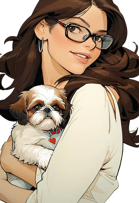 NijiEX style illustration. Close up of a girl holding a shih tzu in her arms, glasses. Long flowing brown hair, brown eyes.Style by Masamune Shirow.