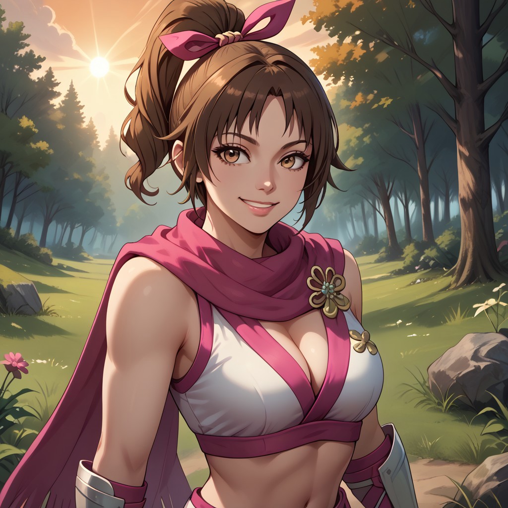 score_9, score_8, BREAK, solo, Kunoichi, brown hair, ponytail, hair ribbon, pink ribbons, brown eyes, pink scarf, midriff, navel, cleavage, white crop top, pink gloves, white bracers, white shorts, white shin guards, pink thigh highs, toeless sandals, bare shoulders, sexy pose, self portrait, smile, outdoors, sunlight, shadows, evening lighting, natural lighting, forest, trees, grass, orange sky, sunset