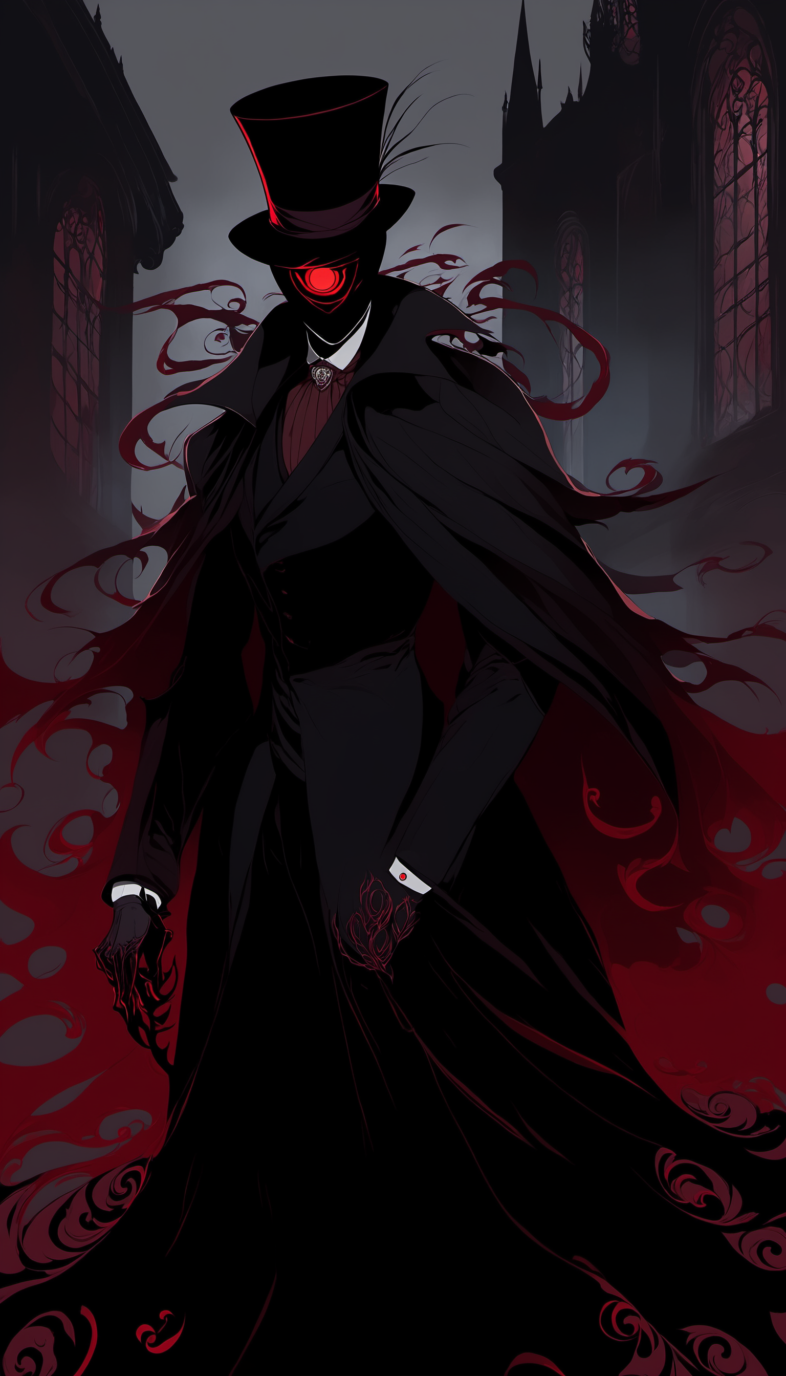<lora:[XL]dark_fantasy_creature:1>a man in a top hat and cape with a red eye and a black coat and cape with a red eye