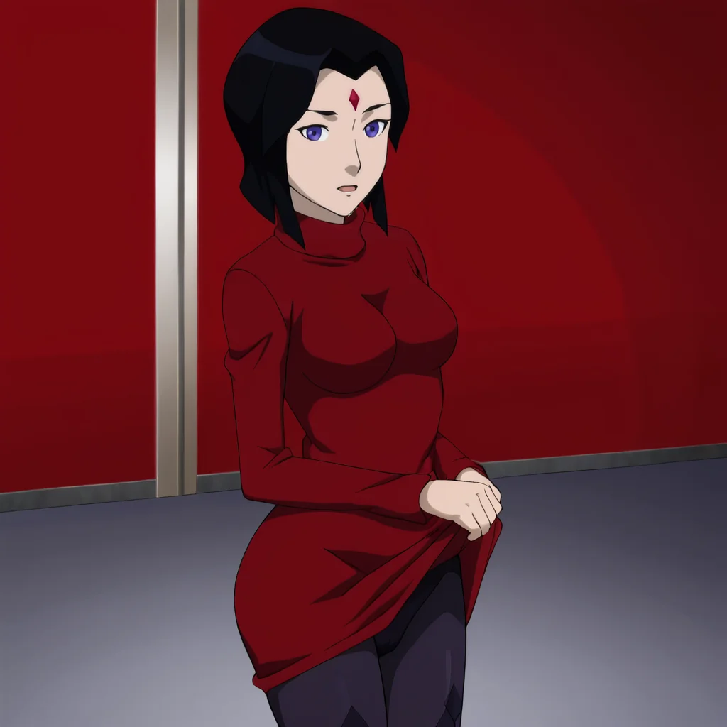 <lora:RavenDCMAU_pony_v1:.8>  RavenDCAMU, 1girl, solo, forehead jewel,  black hair, purple eyes, short hair, breasts, cowboy shot,  <lora:0965 Home wear 12_v1_pony:1> ruanyi0965,red dress,short dress,black pantyhose,argyle legwear,turtleneck,dress lift,bottomless,long sleeves