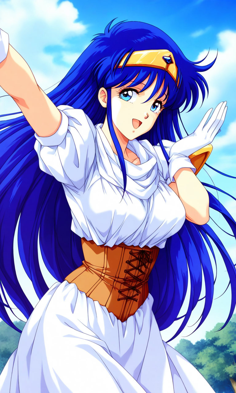 general,highres, ultra-detailed,very aesthetic,best quality ,best hands, BREAK <lora:Irene_La_Tias_XEXEX_IS:0.8> 1990s (style), 
Irene_La_Tias(XEXEX), 1girl, solo, very long hair, blue hair, blue eyes, tiara, large breasts, circlet, bangs,
white dress, white gloves, brown corset,
blue sky, game cg style,