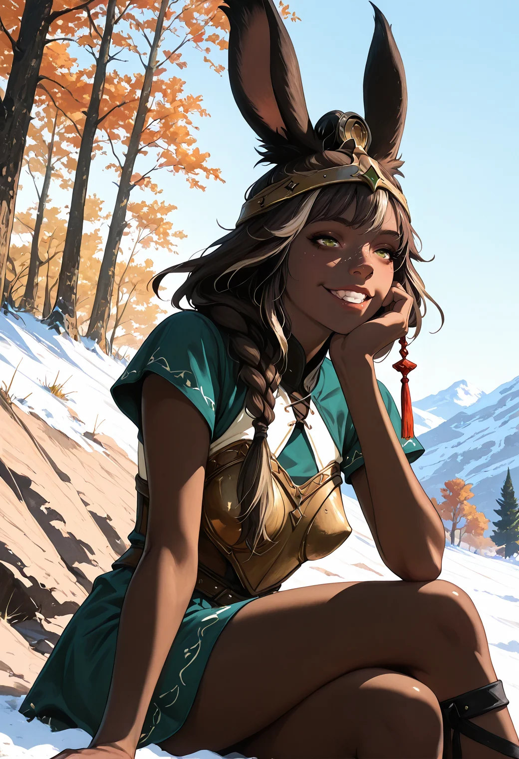 realistic, very awa, ambient occlusion, ray tracing, [sei_shoujo], [yoshiten], [takeuchi_takashi], [libbyframe], style parody, [bang_dream!], [arcane:_league_of_legends], [league_of_legends], saturated, colorful, (dynamic angle:1.3), (cowboy shot:1.2) BREAK 1girl, solo, <lora:Final_Fantasy_XIV_Races_Female_Viera_for_IllustriousXL:0.5> rabbit_girl, viera, <lora:anti_human_ears:0.7> dark beige hair, long braid hair , rabbit ears, green eyes, (very dark brown skin:1.2), slender body, perky breasts, perfect hands, moist lips, (ecstatic), lip bite,crazy smile BREAK druid, wearing <lora:wooden_10_blocks_comp:0.5> wooden armor, (detailed dark teal wood short dress), breastplate, ankle straps, bearskin cap, hat tassel BREAK medieval, fantasy, outdoors, detailed landscape, treeless tundra, boulders,snow, lying, on side, head on hand, head rest, arm support, crossed legs, on ground, blanket, autumn, day, cool hard light, blue sky,,, dynamic lighting BREAK <lora:Face_Enhancer_Illustrious:0.6> <lora:DarkerThanDarkIllustriousV1:0.5> <lora:Sketchy_Pinup_Style_Illu_Edition:0.7> SP-Illu <lora:E-Girl_PFP_Style:0.6> EGirlPFP
