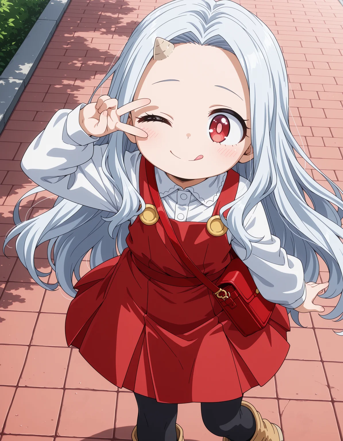 ultra-detailed, ultra-detailed eyes, ultra-detailed fingers, ultra-detailed hands, anime screencap, anime coloring, round face, cute face, cute, adorable, moe, outdoors,
1girl, Eri, child, white hair, long hair, red eyes, light pupils, single horn, red dress, white shirt, long sleeves, black leggings, beige boots, red purse,
v over eye, one eye closed, legs apart, licking lips, leg up, v-shaped eyebrows, bent over,
<lora:spo_sdxl_10ep_4k-data_lora_webui_482964:1>, <lora:add-detail-xl:1>, <lora:Eri_-_My_Hero_Academia__Boku_no_Hero_Academia_-_Illustrious:1>,
masterpiece, best quality, amazing quality, very aesthetic, absurdres,