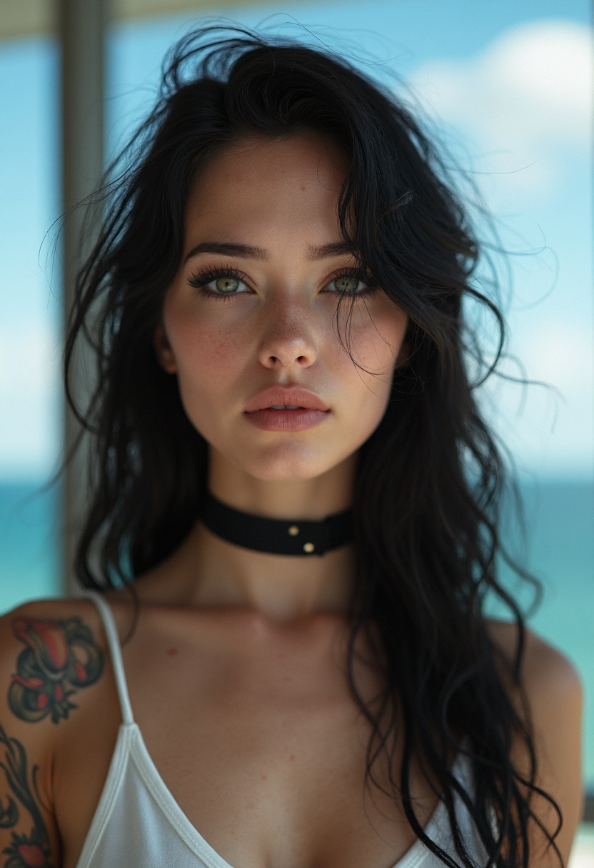 a professional closeup photo portait of a young woman with striking features, she has fair skin, her large, expressive green eyes are framed by thick, dark eyelashes, and her lips are full and naturally pink, she wears a black choker around her neck and a white tank top that reveals a tattoo on her upper arm, her hair is long, wavy, and black, with a few strands framing her face, she has a dark makeup, the blurred background shows a window and a blue sky with a few white clouds, the photo focus the attention on the subject, the lighting is soft and natural, enhancing the texture and depth of her skin and hair, the overall style is highly detailed and lifelike, capturing fine details such as the texture of her hair and the subtle shading that adds depth and realism to the image