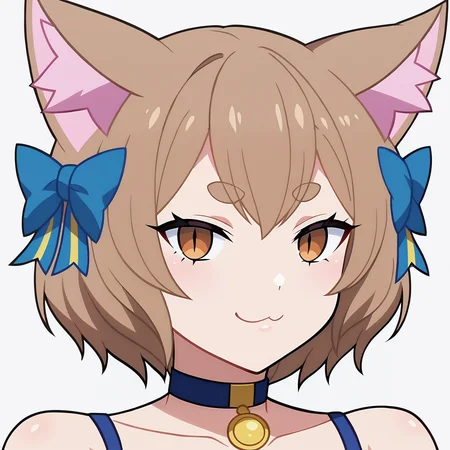 score_9, score_8_up, score_7_up, BREAK,
 <lora:FelixXL-000001:1>,1boy,otoko no ko,large solo,animal ears, hair bow, cat ears, brown hair, short hair, bangs,brown eyes,thick eyebrows, looking at viewer,  slit pupils, eyelashes, :3,smirk,animal ear fluff, pendant, blue choker, 
portrait, ,close up,bare shoulders, 
simple background, white background, 
 anime screencap,anime coloring,