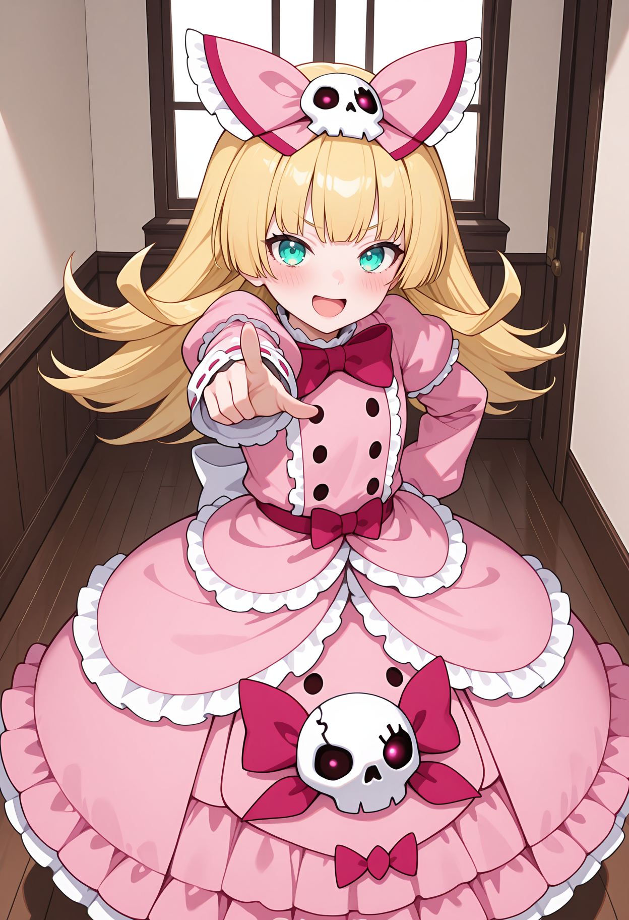 highres, best quality, masterpiece, indoors,
1girl, solo, npabness, long hair, blonde hair, aqua eyes, hair bow, skull hair ornament, 
pink dress, puffy sleeves, long sleeves, frilled dress, layered dress, ribbon trim, skull ornament, ribbon,
looking at viewer, blush, smile, open mouth, 
standing, pointing at viewer, 
<lora:_abness_nep-elesico-ilxl-rev5:1>