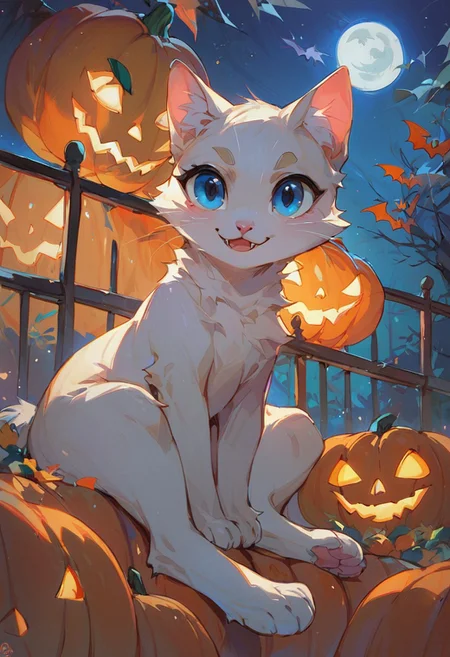 score_9, score_8_up, score_7_up, solo, (White) little cat, (Blue) eyes, small, sitting on hind legs, facing viewer, night, night halloween, pumpkin patch, halloween pumpkins, jack-o'-lanterns, pumpkins, halloween theme,