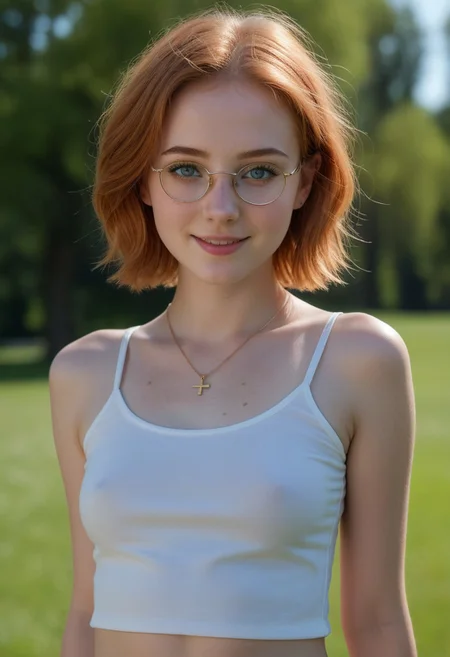 masterpiece, best quality, realistic, extremely detailed, (colorful), 
cinematic lighting, volumetric light, extremely detailed, subsurface scattering, remarkable color, ultra realistic, bokeh, sharp focus on subject,
beautiful detailed face, full body PORTRAIT, closeup, textured skin,remarkably detailed pupils, realistic dull skin noise, visible skin detail, skin fuzz, dry skin,
photograph of an extremely delicate and beautiful 18yo emo girl, golden ratio, short red blond hair, freckles, (moles:0.5, skin blemishes:0.7, blush), (natural detailed skin texture:1.3), solo, gold cross necklace, 
short wavy hair, smile looking at viewer, (looking at viewer, extremely detailed face, beautiful eyes, detailed eyes, symmetric eyes, open eyes, seductive eyes, big eyes, slim face:1.2), smirk, (eyeshadow, makeup:1.3),big round glasses, perfect white teeth, (white teeth), eye catching, 
BREAK,
slim waist, wearing a sleeveless white thin strap top, undersized top, tight top, (small breasts), perky breasts, (no bra, braless, pokies), erect nipples, dark areolas, 
jeans mini shorts, perfect round ass,  
BREAK, 
strolling through a park in spring, dynamic pose, view from the side, side view, profile view, outdoors,