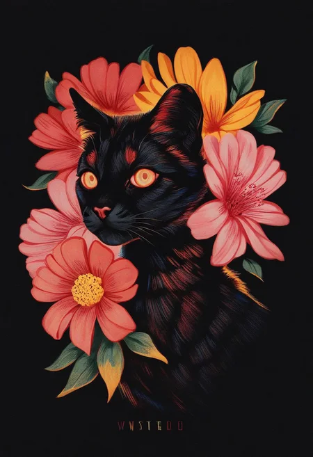 score_9, score_8_up, score_7_up, score_6_up, VitWaterStyle, saturated colors (best quality:1.1), (masterpiece:1.2), saturated colors, (detailed:1.1), (highres, best quality:1.2),(ultra HD quality details), animal, cat, black fur, curled, stunning eyes, solo focused, very aesthetic, portrait, close up, no humans, plant, red flower, pink flower, yellow flower, realistic, animal focus, dark background, muted colors, Detailed drawing