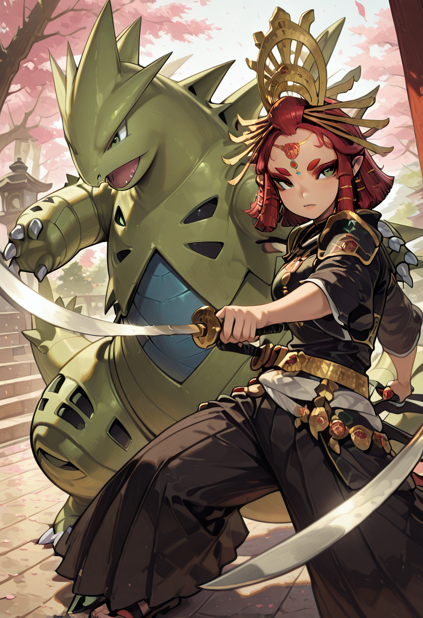 masterpiece, best quality, 1girl, eyelashes, (beautiful eyes), looking at viewer,     (foreshortening, face focus, upper body, side view, dynamic pose),   zzRijuT, tyranitar, traditional samurai armor, red and black robes, katana sword, leather belt, hakama pants, ornate helmet, wooden geta sandals, long braided hair, cherry blossom petals falling, serene Japanese garden, koi pond, bamboo fencing, ancient stone lanterns, pine trees, (focused pose:1.3), (katana drawn:1.2), (standing in stance:1.3), soft breeze, gentle movement of flowers, calm water reflections, peaceful ambiance, crisp air, sword in hand, honorable expression, spiritual and disciplined atmosphere, ethereal light filtering through trees  ,<lora:RijuTyrannitarCitron_IXL:1.0>,