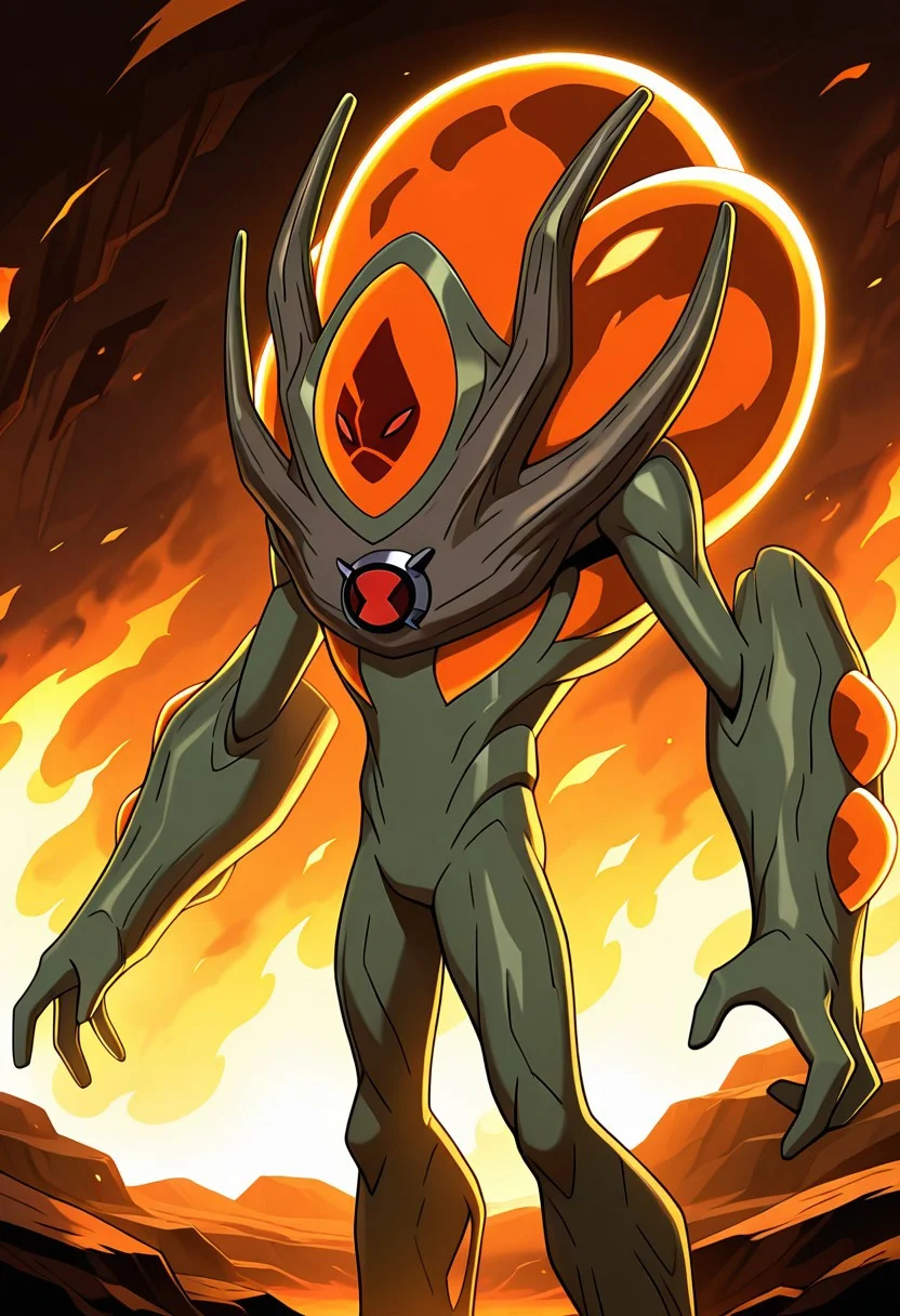 masterpiece, best quality, amazing quality, very aesthetic, absurdres, newest,
,ultswam, standing, pokemon (creature), solo, green eyes, monster,, alien, massive arms, no humans,
red eyes, green skin, yellow orbs, yellow magic, red face, fire