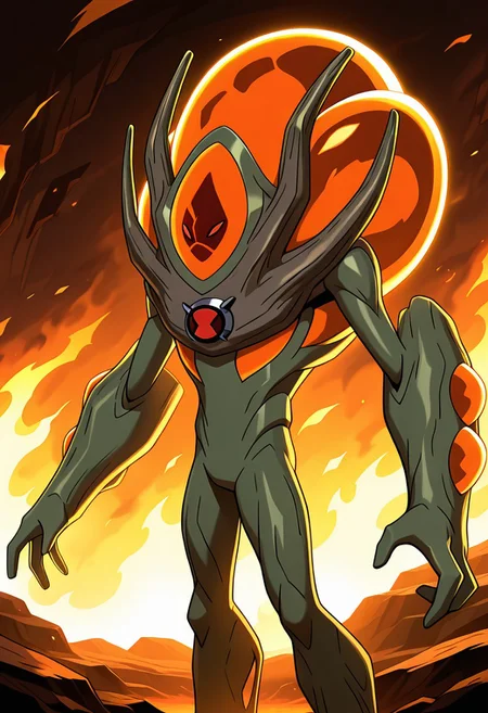 masterpiece, best quality, amazing quality, very aesthetic, absurdres, newest,
,ultswam, standing, pokemon (creature), solo, green eyes, monster,, alien, massive arms, no humans, 
red eyes, green skin, yellow orbs, yellow magic, red face, fire