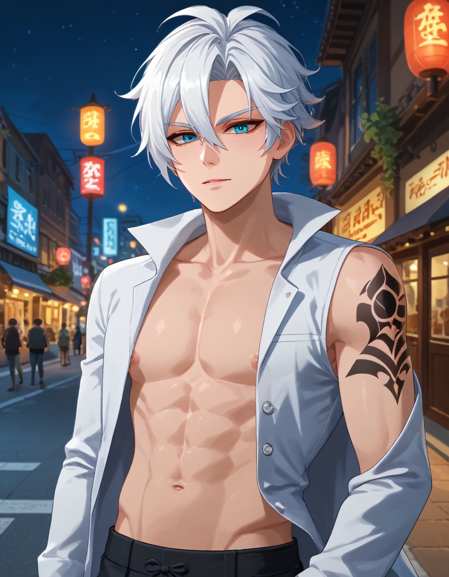 score_9, score_8_up, score_7_up, source_anime, anime screencap, original style, depth of field, rating_safe, BREAK,
1boy, solo, yaoi, male focus, looking at viewer, mature male, skinny,
<lora:lass_isolet_pony:1> lass_isolet_pony, white hair, blue eyes, short hair, hair between eyes, bangs, arm tattoo, black tattoo,
night, street, 
<lora:sdxl_lightning_8step_lora:1>, <lora:xl_more_art-full_v1:1>