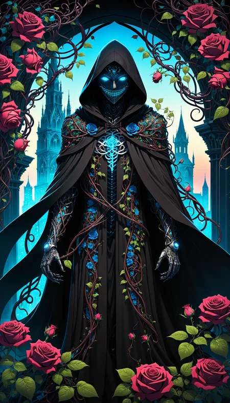2D anime style, eerie figure with glowing blue eyes and a sinister grin, shrouded in a hooded cloak intertwined with vines and roses. Mechanical limbs covered in intricate floral patterns, expressive and haunting presence, detailed and vibrant flowers and leaves, highly detailed background with a dark, futuristic cityscape, extreme complexity and details, bold outlines, flat colors