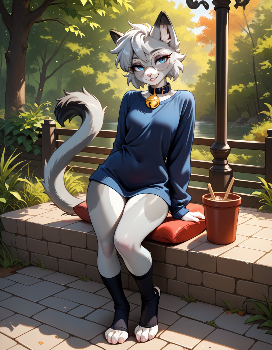 masterpiece, best quality, very aesthetic, absurdres,
outdoors, casual, 
full body, posing, 
seductive smile, parted lips, long eyelashes,
<lora:Nixuelle_v01_NAIXL:1>
Nixue11e,1girl,solo,furry,furry female, cat girl, cat ears, short hair, grey hair, blue eyes, round eyewear, snout, animal nose, collar, neck bell, body fur, two-tone fur, grey fur, white fur, cat tail,