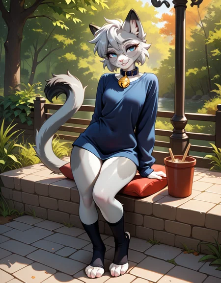 masterpiece, best quality, very aesthetic, absurdres,
outdoors, casual, 
full body, posing, 
seductive smile, parted lips, long eyelashes,
<lora:Nixuelle_v01_NAIXL:1>
Nixue11e,1girl,solo,furry,furry female, cat girl, cat ears, short hair, grey hair, blue eyes, round eyewear, snout, animal nose, collar, neck bell, body fur, two-tone fur, grey fur, white fur, cat tail,
