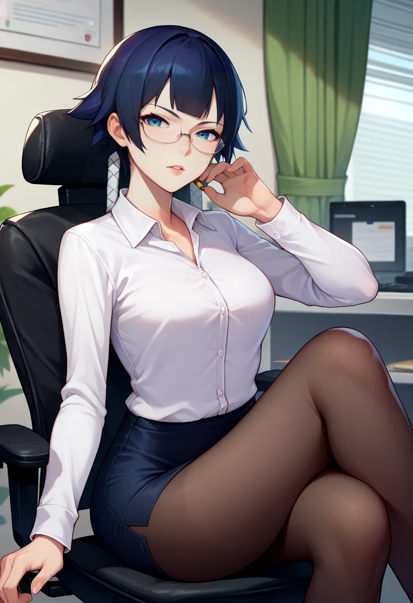 score_9, score_8_up, score_7_up, source_anime, solo, 1girl, soifon, parted lips, looking at viewer, sitting, crossed legs, office chair, glasses, white shirt, collared shirt, long sleeves, pencil skirt, black pantyhose, indoors, office <lora:bleach_soifon_ponyXL:1>