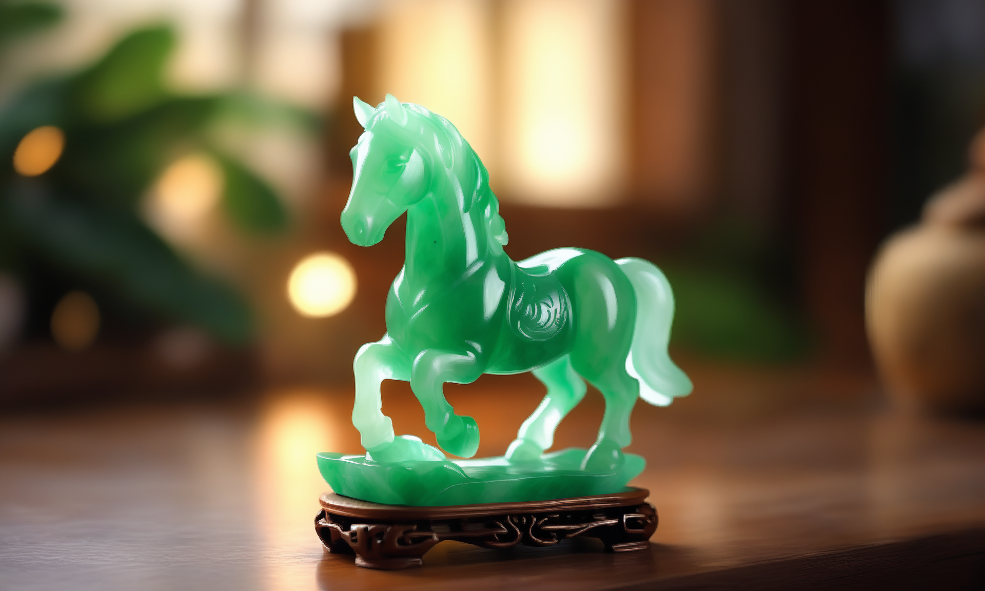 ethereal fantasy concept art of  <lora:jadeitecarvingcd_xl-000006:0.6>,a statue of a horse made of (green jadeite, transparent) on floor,tilt-shift,miniature,jadeitecarvingcd_xl with green theme,no humans,long-focus,indoors,chinese zodiac,wooden table,cutie,cute,still life,animal statue,front view,facing viewer,looking at viewer . magnificent, celestial, ethereal, painterly, epic, majestic, magical, fantasy art, cover art, dreamy