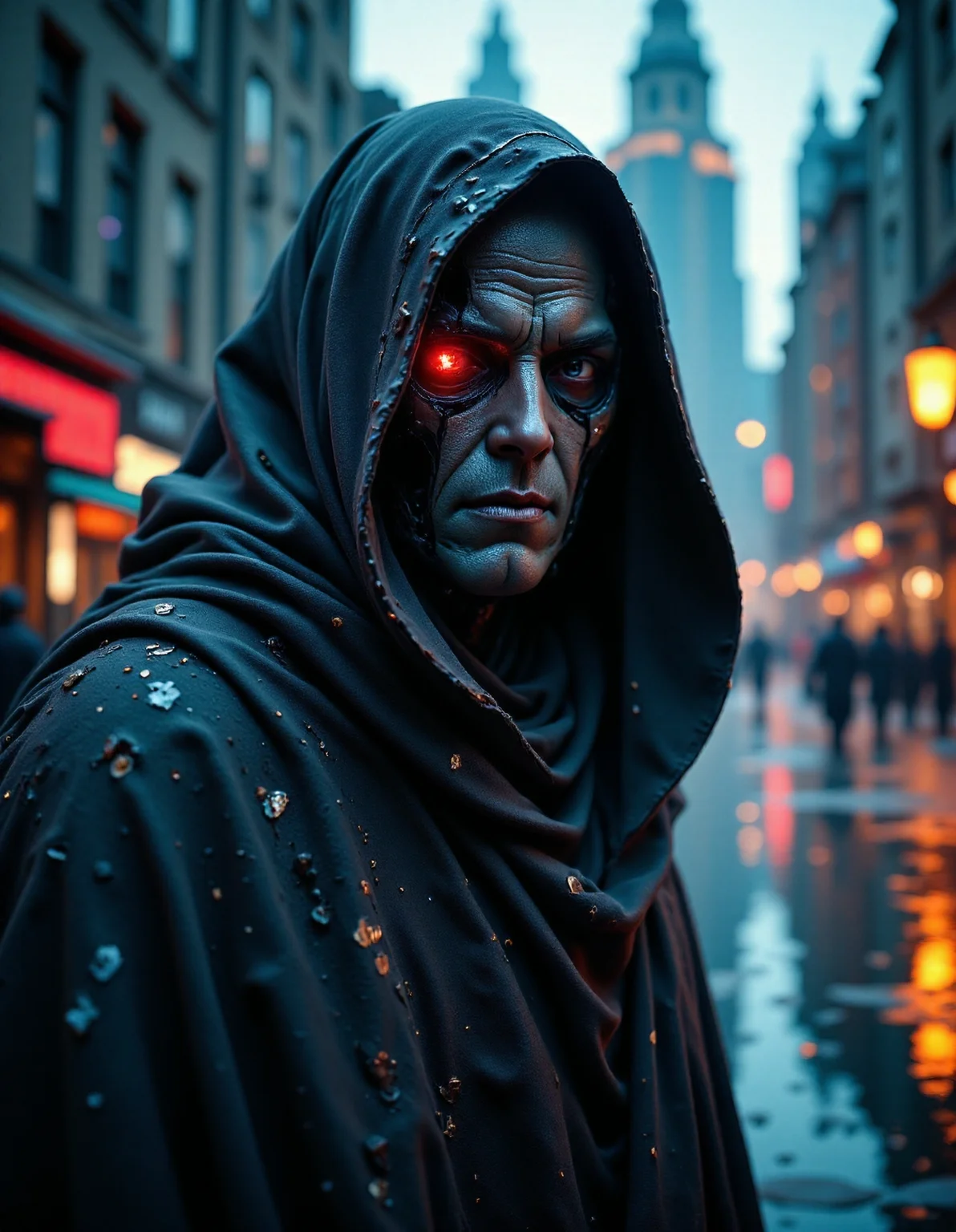 Portrait dynamic angle of an old damaged cyborg humanoid rogue prototype, in the style of ck-ncr, intrigant gaze looking to viewer, heavy damage, mysterious mystical scene, wearing tattered old robe hooded Jedi master,  <lora:ck-Neurocore-Realistic-Cyborgs:1.1>, <lora:aidmaFLuxPro1.1_v0.3:0.6> aidmafluxpro1.0 insane details dynamic lighting, cosmic horror attacking the city at night in the background, <lora:wentiwenti_style_1179390:0.75>