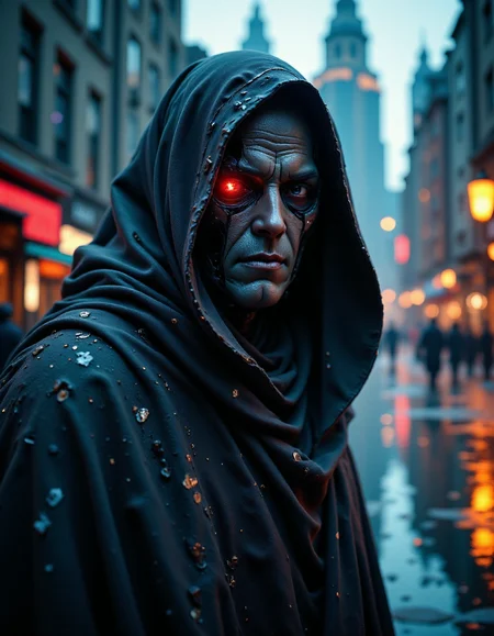 Portrait dynamic angle of an old damaged cyborg humanoid rogue prototype, in the style of ck-ncr, intrigant gaze looking to viewer, heavy damage, mysterious mystical scene, wearing tattered old robe hooded Jedi master, <lora:ck-Neurocore-Realistic-Cyborgs:1.1>, <lora:aidmaFLuxPro1.1_v0.3:0.6> aidmafluxpro1.0 insane details dynamic lighting, cosmic horror attacking the city at night in the background, <lora:wentiwenti_style_1179390:0.75>