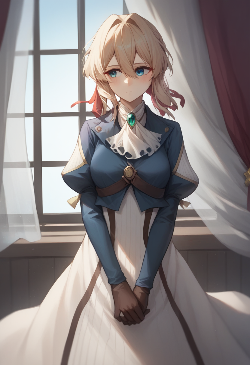 score_9,score_8_up,score_7_up,<lora:violet_evergardenpony:1>,white_dress, cropped_jacket, green_gemstone, solo, absurdres, red_ribbon, expressionless, white_ascot, 1girl, blue_jacket, highres, commentary, curtains, long_dress, blush, lazy_eye, brown_gloves, closed_mouth, hair_ribbon, brooch, juliet_sleeves, own_hands_together, surreal, looking_to_the_side, medium_breasts, window, violet_evergarden